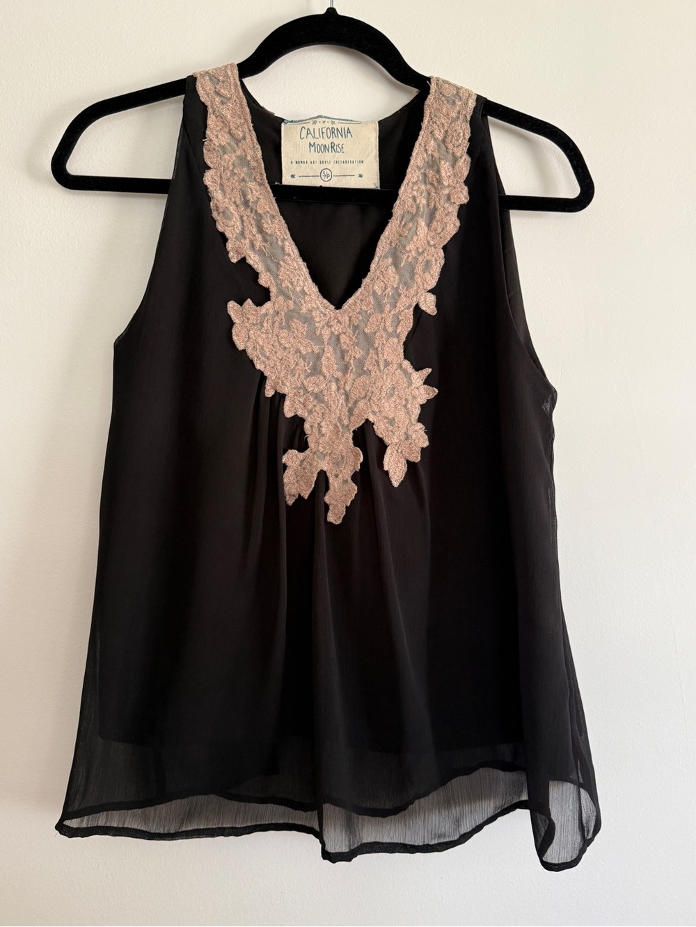California Moonrise Black Chiffon Lace-Trim V-Neck Top